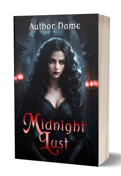 A book titled "Midnight Lust" with a dark-haired woman in a gothic black dress on the cover. Her hair is curly, and her eyes appear intense and red. Red lanterns glow dimly in the background. The author's name is printed at the top of the cover. The spine of the book is visible on the right. BookSelf Book Cover Design & Premade Book Covers