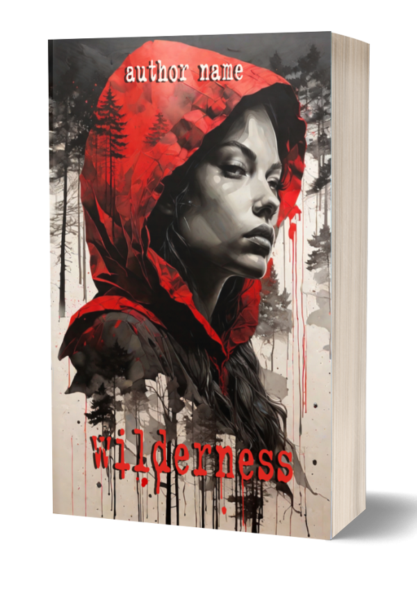 A book titled "Wilderness" features a woman in a red hooded cloak with a somber expression. The background shows a forest with tall trees and an abstract, dripping paint effect. The author's name is placed at the top. The color scheme includes dark, earthy tones with splashes of red. BookSelf Book Cover Design & Premade Book Covers