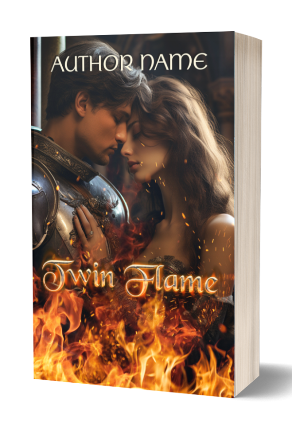A romance novel cover titled "Twin Flame" shows a medieval couple in a tender embrace. The man in armor and a woman with wavy hair touch foreheads amid swirling flames. The book is angled slightly, with the author's name at the top and the title "Twin Flame" in fiery text below the couple. BookSelf Book Cover Design & Premade Book Covers