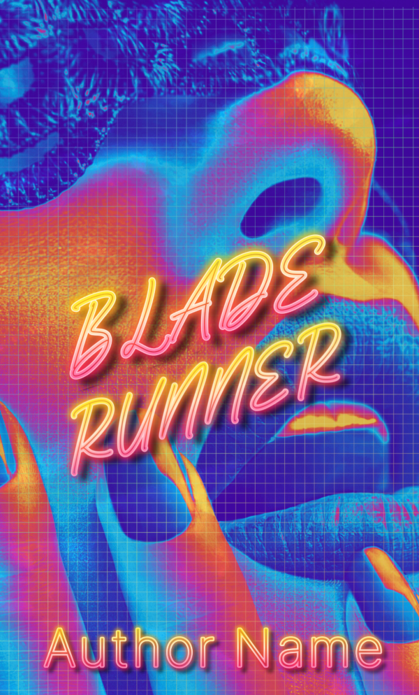 A colorful book cover features a close-up of a person's face with neon hues of blue, purple, yellow, and orange. The title "Premade Ebook & Paperback Book Cover" is written in neon pink script across the face. The author's name is displayed at the bottom in a neon yellow font against a subtle grid pattern background. BookSelf Book Cover Design & Premade Book Covers