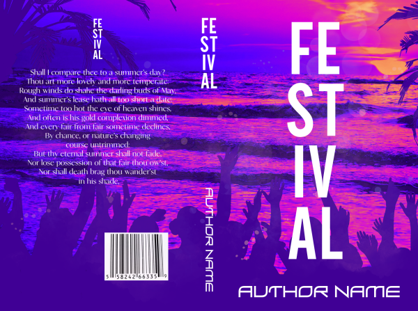 A vibrant **Premade Ebook & Paperback Book Cover** titled "FESTIVAL" features a tropical beach scene at sunset with silhouetted palm trees and people dancing. The text includes a poetic excerpt. The author's name is written on the spine and bottom right of the cover. A barcode is at the bottom left corner of the back cover. BookSelf Book Cover Design & Premade Book Covers