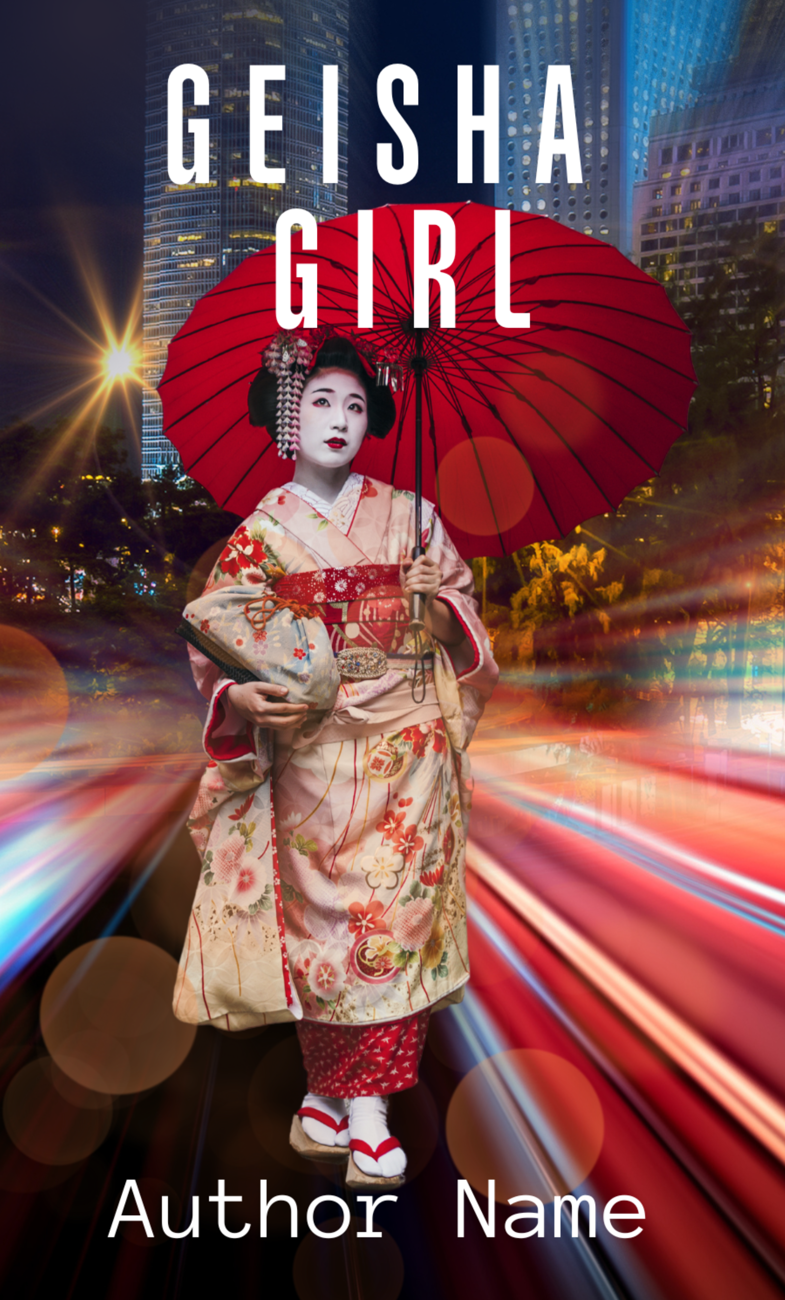 A woman dressed in traditional Japanese geisha attire, holding a red umbrella, poses against a backdrop of a modern cityscape with blurred lights and tall buildings. The book title "Premade Ebook & Paperback Book Cover" is displayed at the top, and "Author Name" is written at the bottom. BookSelf Book Cover Design & Premade Book Covers
