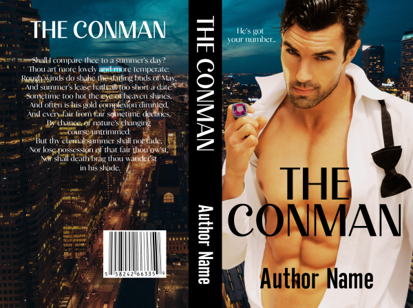 A book cover titled "Premade Ebook & Paperback Book Cover" features a suave man in a white shirt holding a tie against a city skyline at night. The spine displays the title and an image of the man. The back cover includes a Shakespearean sonnet and a barcode with the ISBN 558224663536. The author is unnamed. BookSelf Book Cover Design & Premade Book Covers