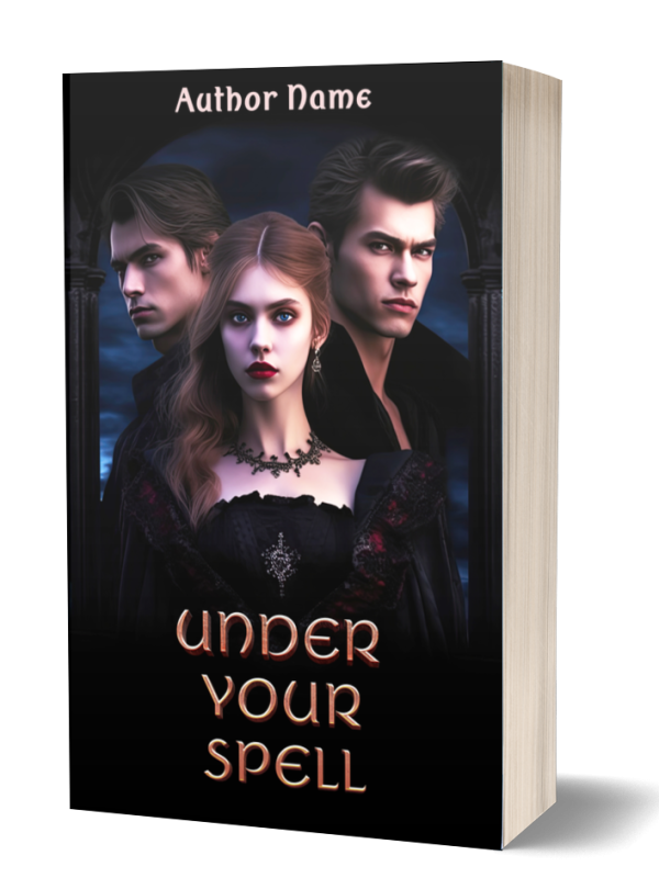 The book cover features three characters with intense expressions. A woman with long, wavy hair and red lips is in the center, flanked by two men, one on each side. The title "Under Your Spell" and "Author Name" are written in stylized text. The background is dark and mysterious. BookSelf Book Cover Design & Premade Book Covers