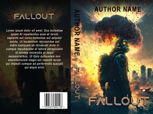 Book cover titled "Fallout: Ready Made Book Cover." The scene depicts a lone figure in a hazmat suit and gas mask, standing in a post-apocalyptic city engulfed in flames and smoke. The dark, fiery sky and damaged buildings enhance the chaotic atmosphere. The author's name is displayed at the top and on the spine. Placeholder text.

 BookSelf Book Cover Design & Premade Book Covers