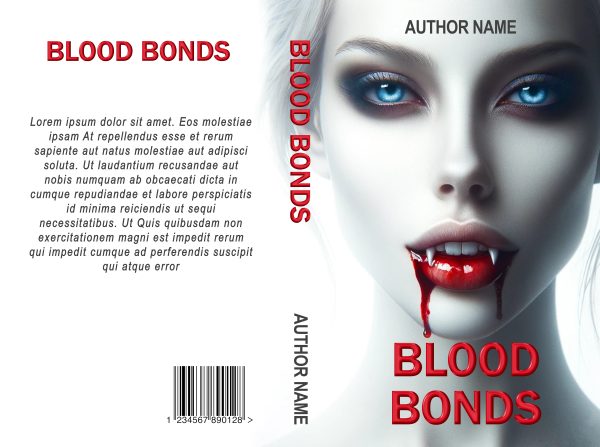 Cover of a book titled "Blood Bonds : Ready Made Book Cover." The cover features the face of a pale woman with piercing blue eyes, dark eye makeup, and bright red lips. Blood is dripping from the corners of her mouth. The title and author name appear in red text. The back cover includes placeholder text for a description. BookSelf Book Cover Design & Premade Book Covers