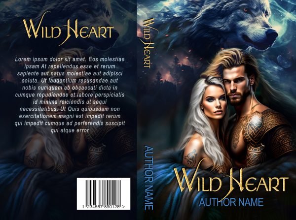 Wild Heart: Premade Book Cover by Author Name. The cover art features a muscular man with long blond hair and tattoos, and a woman with long silver hair, both dressed in fantasy attire. Above them looms the faint image of a wolf against a lush, dark forest with a mystical ambiance. BookSelf Book Cover Design & Premade Book Covers