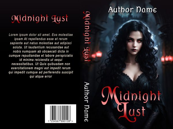 Book cover for "Midnight Lust: Premade Book Cover" featuring a gothic theme. The front shows a mysterious woman with long black hair and a dark, elegant gown standing in a dimly lit archway with red lanterns. The back has placeholder text and a barcode. The author's name is displayed at the top on both sides. BookSelf Book Cover Design & Premade Book Covers