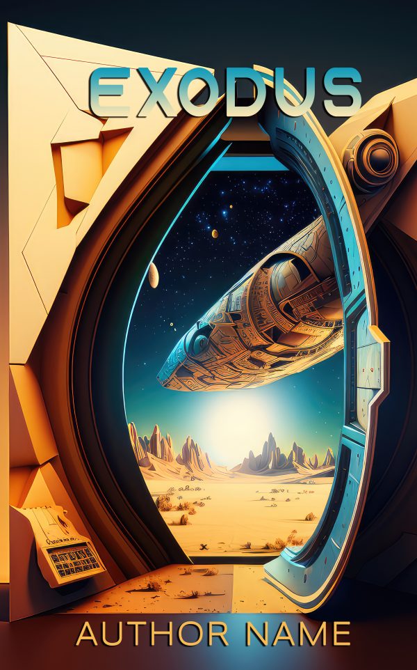 A science fiction book cover titled "Exodus." It depicts a spaceship hovering in an otherworldly desert landscape, viewed through a circular, futuristic doorway. The sky is dark, filled with stars and distant planets. The author's name is displayed at the bottom. BookSelf Book Cover Design & Premade Book Covers