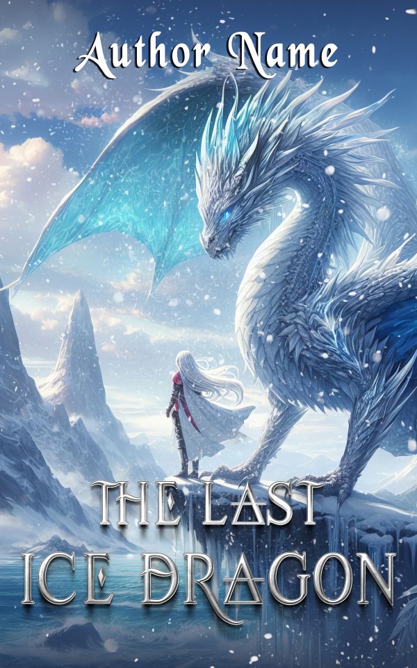 A fantasy book cover titled "The Last Ice Dragon." It features a towering, majestic ice dragon with shimmering blue scales and large wings against a snowy, mountainous backdrop. A character in a red and white cloak stands on a cliff, gazing at the dragon. Snowflakes drift through the air. BookSelf Book Cover Design & Premade Book Covers