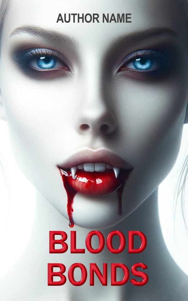 Book cover titled "Blood Bonds" features a close-up of a pale woman with striking blue eyes and bright red lips. Blood drips from her mouth, highlighting her vampire fangs. "Author Name" is written at the top, and the title "Blood Bonds" is in bold red text at the bottom. BookSelf Book Cover Design & Premade Book Covers