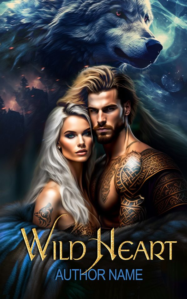 A fantasy book cover titled "Wild Heart" features a couple in the foreground. The man has long hair and tattoos, while the woman has long silver hair. They stand close together, looking intense. Behind them is the head of a large wolf. The background has a mystical forest. "Author Name" is displayed below. BookSelf Book Cover Design & Premade Book Covers
