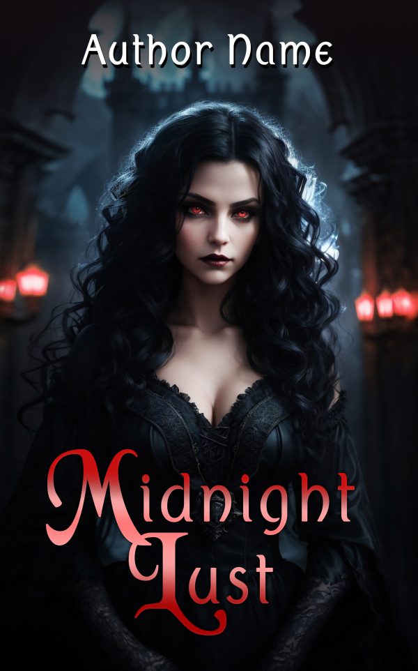 Book cover titled "Midnight Lust" featuring a dark-haired woman with red glowing eyes, wearing a black, gothic-style dress with a deep neckline. She is surrounded by a dark, eerie atmosphere with red lanterns in the background. The author's name is written at the top in white text. BookSelf Book Cover Design & Premade Book Covers