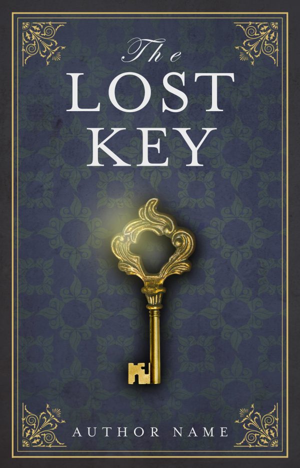 Book cover titled "The Lost Key" with ornate golden key at the center against a deep blue patterned background. Decorated gold corners and borders frame the design. "Author Name" is written at the bottom in white text on a dark, elegant background. BookSelf Book Cover Design & Premade Book Covers