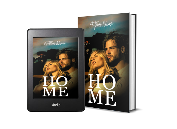 A Kindle e-reader displaying the cover of a book titled "Premade Ebook & Paperback Book Cover" stands next to a printed version of the same book. The cover features a man and a woman looking into the distance. The author's name appears at the top in cursive script. The Kindle has a "kindle" logo at the bottom. BookSelf Book Cover Design & Premade Book Covers