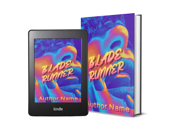 A Kindle e-reader and a hardcover book are displayed side by side, both showcasing the same cover image featuring a close-up of a neon-tinted, futuristic face with the title "Blade Runner: Premade Ebook & Paperback Book Cover" in stylized pink text. "Author Name" appears at the bottom in matching pink text. The Kindle is branded at the bottom. BookSelf Book Cover Design & Premade Book Covers