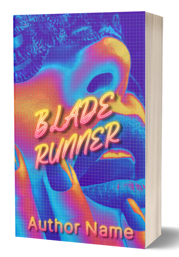 Cover of a book titled "Blade Runner: Premade Ebook & Paperback Book Cover" with neon text. The image features an abstract, vibrant, and colorful illustration of a face in profile, overlaid with a grid pattern. The author's name is displayed at the bottom in neon text. The art uses blue, pink, and orange hues. BookSelf Book Cover Design & Premade Book Covers