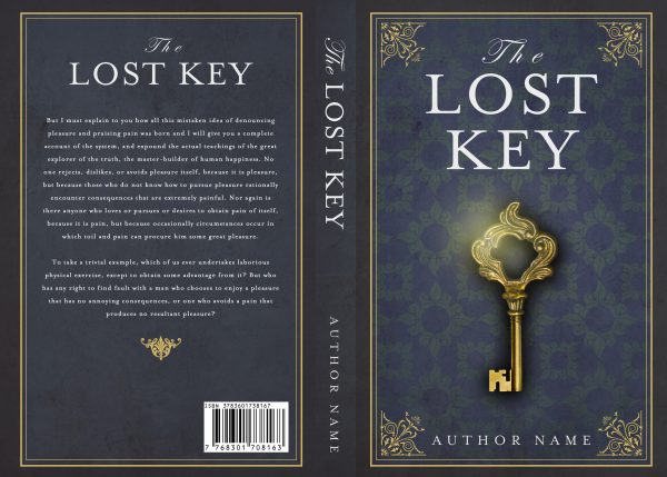 A book cover titled "The Lost Key: Ebook & Paperback Premade Book Cover." The front features an ornate golden key on a dark blue, embellished background. The spine shows the title and author's name. The back contains a summary in white script and a decorative gold border. A barcode is at the bottom. BookSelf Book Cover Design & Premade Book Covers