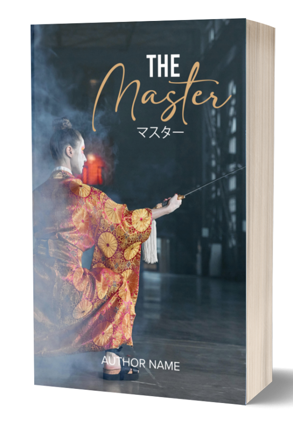 Book cover featuring an individual in ornate traditional Japanese attire, performing a ritual or martial art with a sword. The title "The Master" is written at the top, with Japanese characters below it. An author's name is at the bottom. The background is dark and slightly smoky. BookSelf Book Cover Design & Premade Book Covers