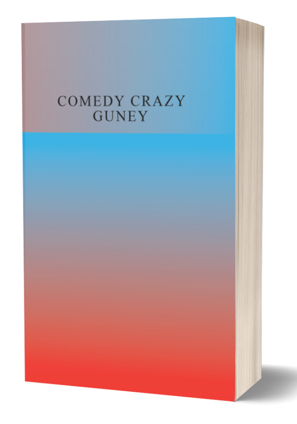 A book titled "COMEDY CRAZY GUNEY" with a gradient cover transitioning from blue at the top to red at the bottom. The title is in a simple black font, centered near the upper part of the cover. The book is slightly angled, showing the thickness of the pages. BookSelf Book Cover Design & Premade Book Covers