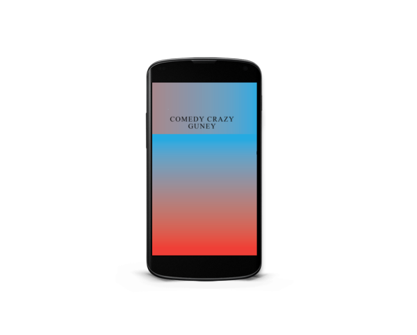 A black smartphone with a screen displaying a gradient background transitioning from light blue at the top to red at the bottom. The text "COMEDY CRAZY GUNEY" is centered on the screen in black capital letters, positioned towards the top against the light blue part of the background. BookSelf Book Cover Design & Premade Book Covers