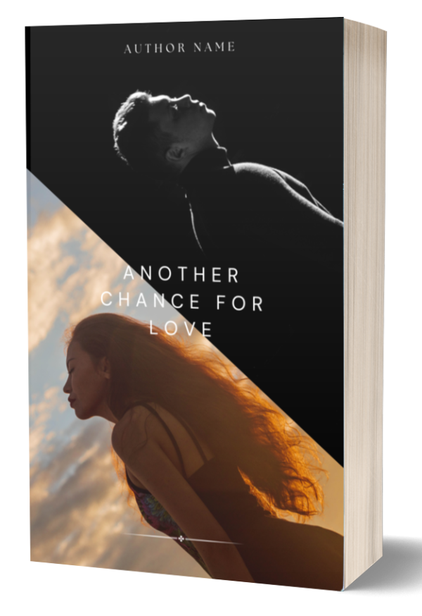 A book cover titled "Another Chance for Love" by an unspecified author. The cover features a diagonal split design, with the top half showing a black and white profile of a man looking upwards against a black background. The bottom half shows a color image of a woman gazing downward against a cloudy sky. BookSelf Book Cover Design & Premade Book Covers