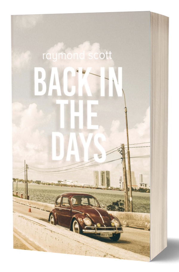 A 3D-rendered book cover titled "Back in the Days" by Raymond Scott. The image shows a vintage red Volkswagen Beetle car driving along a coastal road, with a city skyline and tall buildings in the background under a partly cloudy sky. BookSelf Book Cover Design & Premade Book Covers