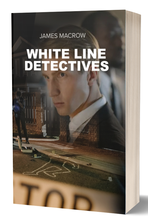 3D rendering of a book titled "White Line Detectives" by James Macrow. The cover features a serious man in a suit, a blurred background of a suited man, and an outdoor crime scene with a chalk outline and yellow evidence markers. A house and an evening sky can also be seen. BookSelf Book Cover Design & Premade Book Covers