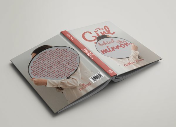 A hardcover book titled "The Girl Behind The Mirror: Premade Book Cover" by Author Name Here is displayed. The front cover shows a person holding a round mirror obscuring their face, and the back cover displays the same image with a block of red text. The spine is red with the title and author’s name vertically. BookSelf Book Cover Design & Premade Book Covers