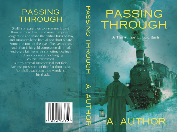 A book cover titled "Passing Through: Premade Fiction Book Cover" by A. Author. The cover has a vintage feel with a steam train in the background and a person in a coat and hat facing the train. The left side has a poem, and the spine features the title and author's name. The cover is in shades of blue and green. BookSelf Book Cover Design & Premade Book Covers