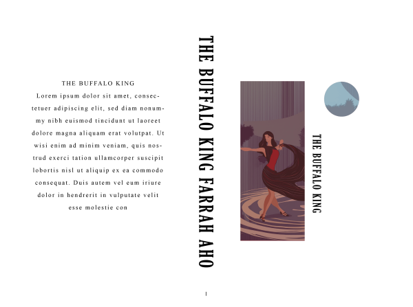 The image displays **"The Buffalo King: Ready Made Book Cover"** by Farrah Aho. The front features an illustration of a dancer in a red dress against a moonlit scene with a buffalo. The back contains placeholder text, while the spine repeats the title and author’s name. BookSelf Book Cover Design & Premade Book Covers