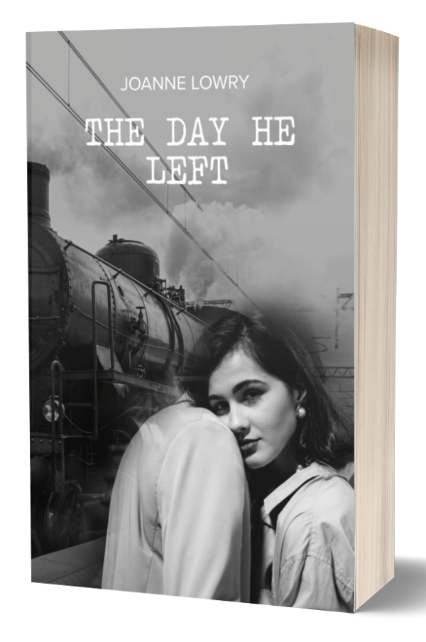 The day he left: Premade Book Cover: A steam train awaits departure while a loving couple embrace. Romance, drama, mystery fiction genres, BookSelf UK