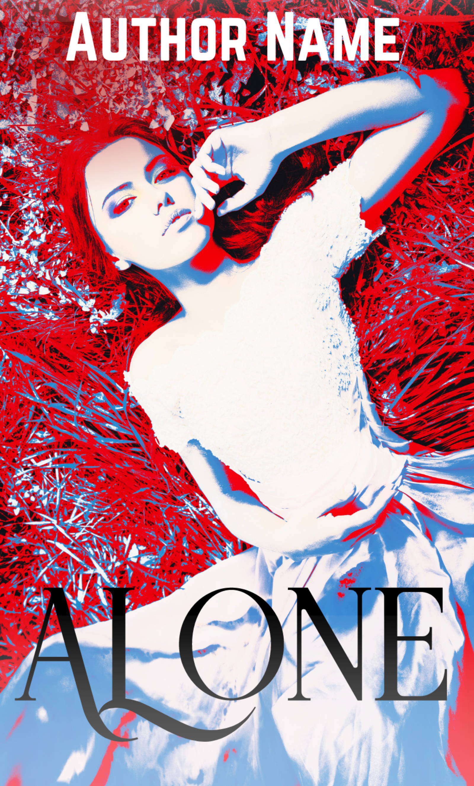 Premade Book Cover: Alone. A beautiful woman lives in solitude. Abstract, neon, retro, boho style. Romance, New Adult, Literary fiction genres.