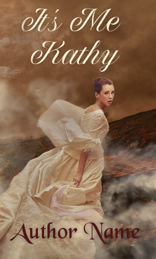 It's Me Kathy: Premade Book Cover. Image of a woman in a period wedding dress running away over barren moors or hills. Suitable for romance, mystery, drama or literary. 