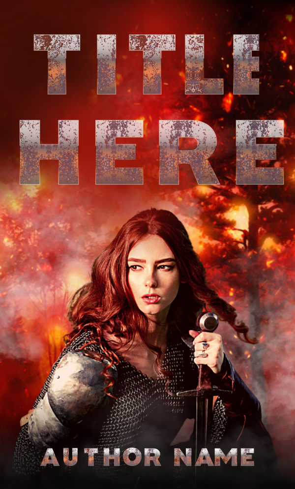 A dramatic premade book cover titled **Joan: Premade Book Cover** features a woman in medieval armor, with fierce determination, holding a sword against a fiery backdrop of burning trees. Metallic silver text at the top reads "Joan" and at the bottom reads "AUTHOR NAME." The mood is intense and action-packed. BookSelf Book Cover Design & Premade Book Covers