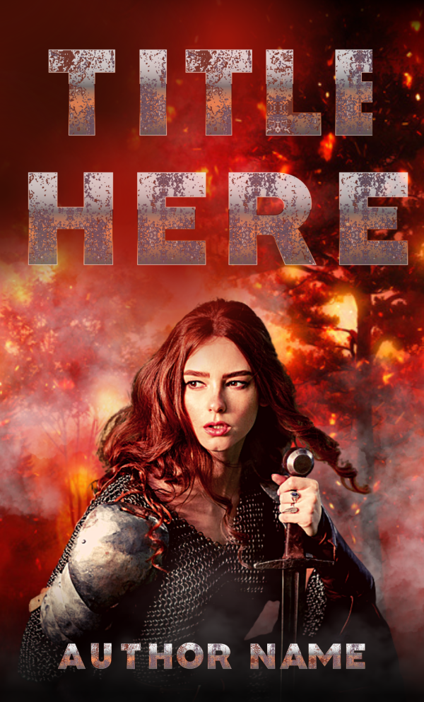 Premade Book Cover. Image of a medieval female knight in chainmail on a burning battlefield. Suitable for historical, action & adventure genres.