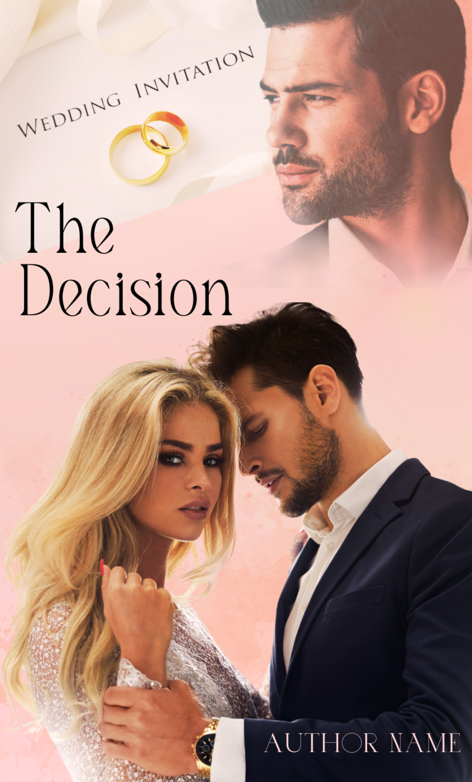 Premade Book Cover: The Decision. A love triangle revolves around a wedding invite: Suitable for romance fiction.