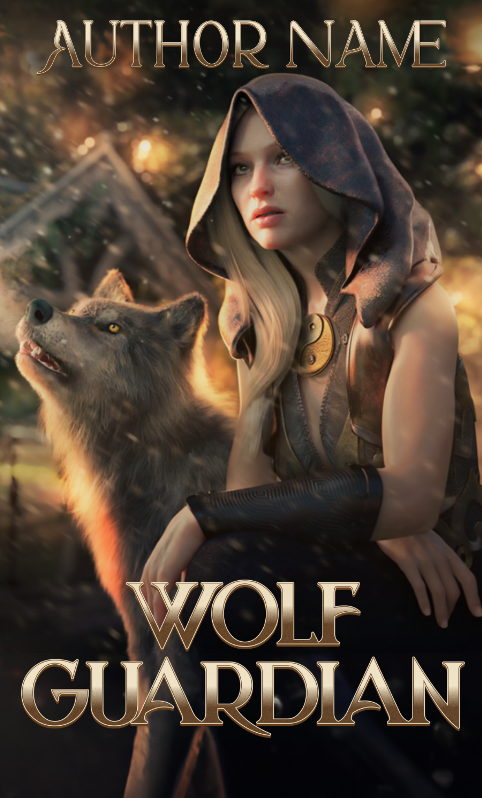 Premade Book Cover: Wolf Guardian. Image of a woman in a cloak and medieval style dress with a wolf by her side. Suitable for romance, fantasy.