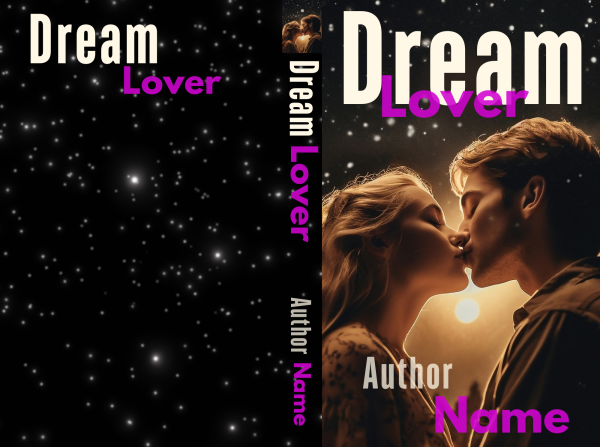 Cover of the book "Winter's Kiss: Premade Book Cover (Copy)" featuring a vintage-style photograph of a couple kissing under a bright light. The title is in white and pink font, with the author's name in similar colors. The background is a starry night sky, with the same elements repeated on the spine and back cover. BookSelf Book Cover Design & Premade Book Covers