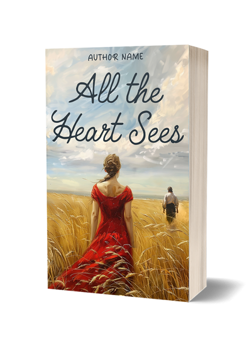 Premade Book Cover. The back of a woman in a beautiful long, red dress gazes out across a billowing wheat field at a man with his back turned. They are both standing in a yellow wheat field, and the sky looks a little stormy. The image has an illustrated, painted, effect. The fonts are in a handwritten style. Suitable for Fiction, Historical Romance, Chic Lit, Young Adult, Drama.