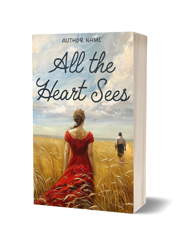 Premade Book Cover. The back of a woman in a beautiful long, red dress gazes out across a billowing wheat field at a man with his back turned. They are both standing in a yellow wheat field, and the sky looks a little stormy. The image has an illustrated, painted, effect. The fonts are in a handwritten style. Suitable for Fiction, Historical Romance, Chic Lit, Young Adult, Drama.